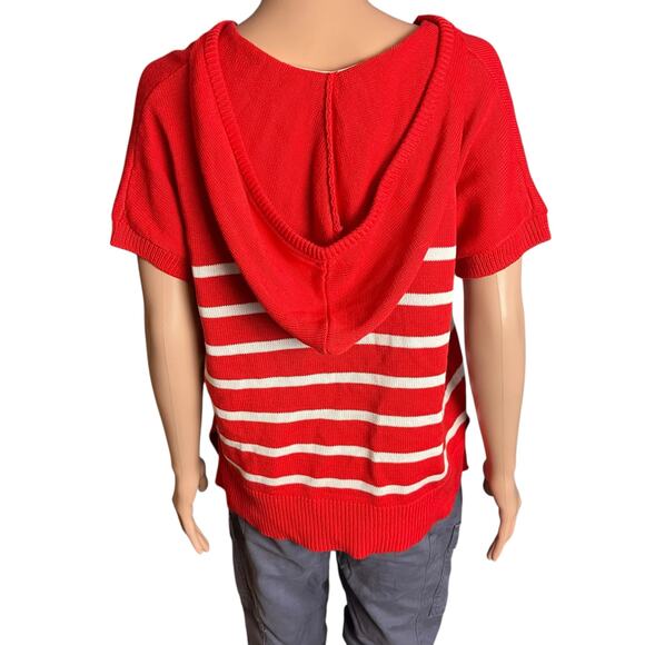 Life Is Good Red White Striped Hoodie M Embroidered Vee Neck Beachy Resort Wear - Picture 4 of 6